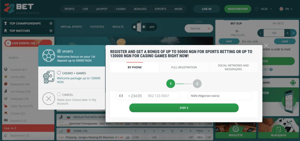 22bet registration online